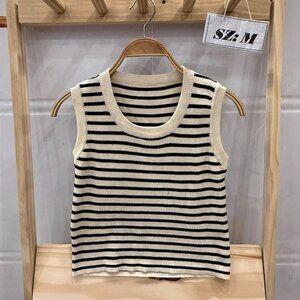Cream Black Stripe Ribbed Knit Crop Tank Top Round Neck Summer Essential
